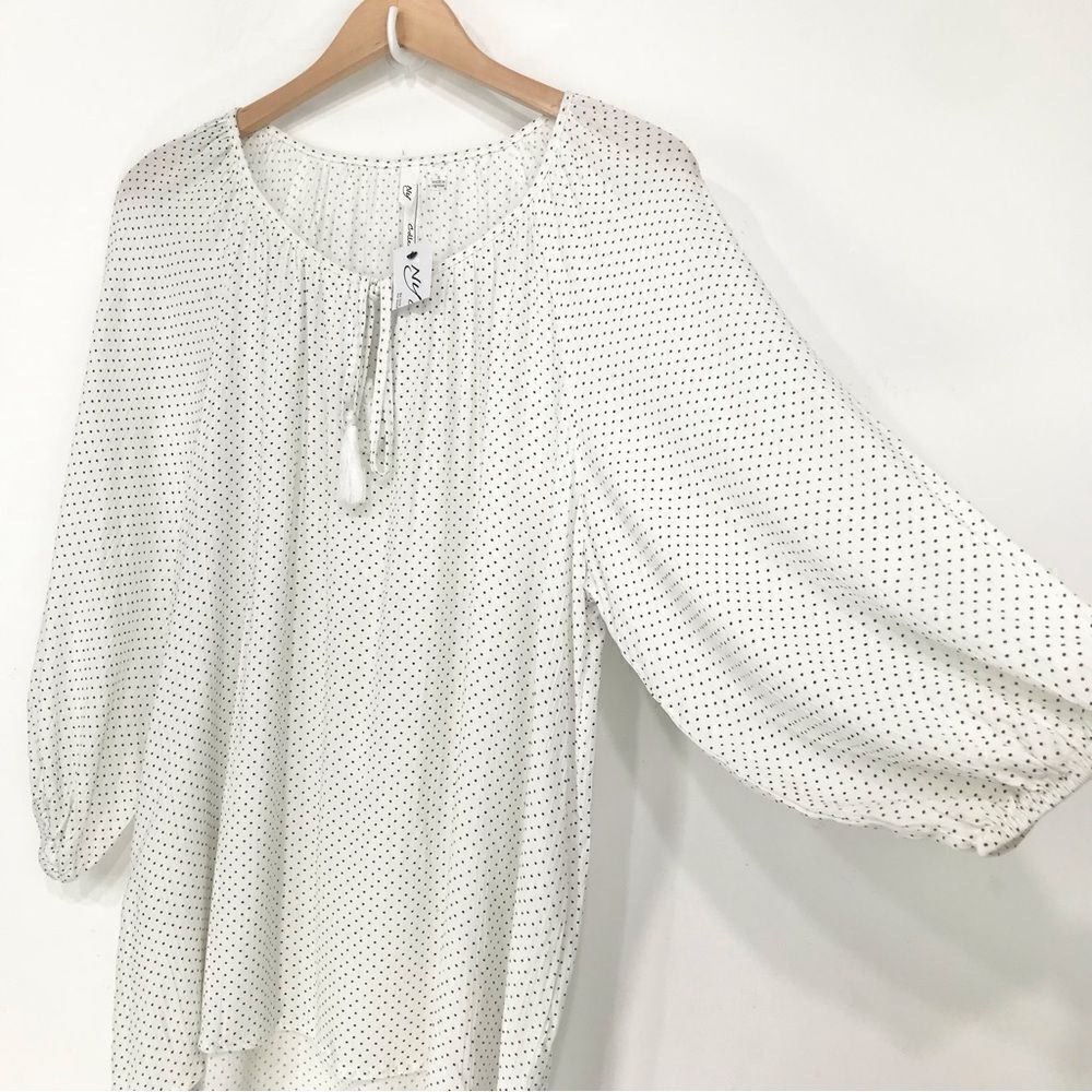 NY Collection White Black Micro Polka Dot Tie Neck Tunic Blouse NEW